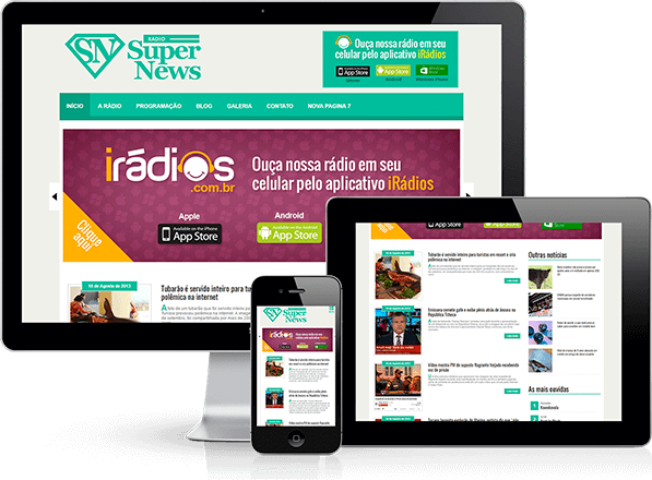 Sites responsivos para Web Rádio. PC, tablets e smartphones